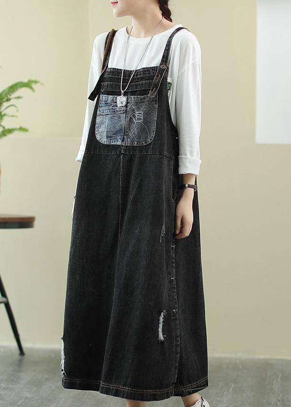 Unique Slash Neck Hole Long Dress Sewing Denim Black Dress