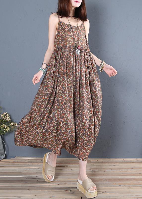 Unique Spaghetti Strap Cinched Cotton Summer Dresses Pattern Chocolate Print Maxi Dress