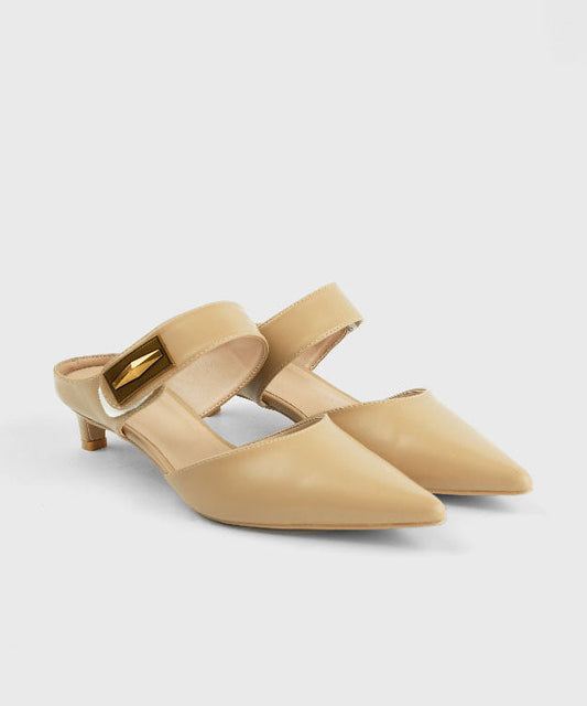 Unique Splicing Kitten Heels Khaki Faux Leather Slide Sandals