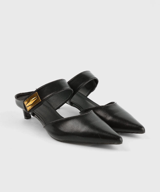 Unique Splicing Kitten Heels Khaki Faux Leather Slide Sandals