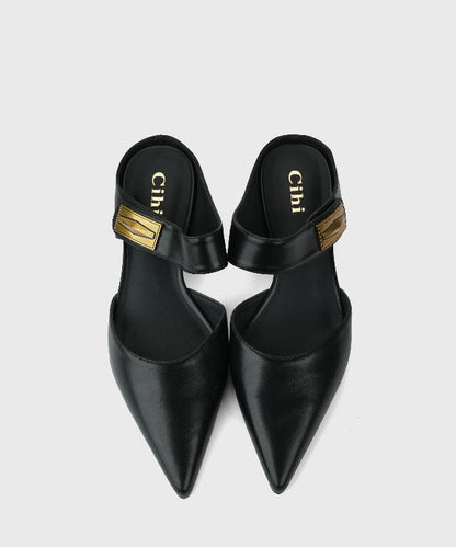 Unique Splicing Kitten Heels Khaki Faux Leather Slide Sandals