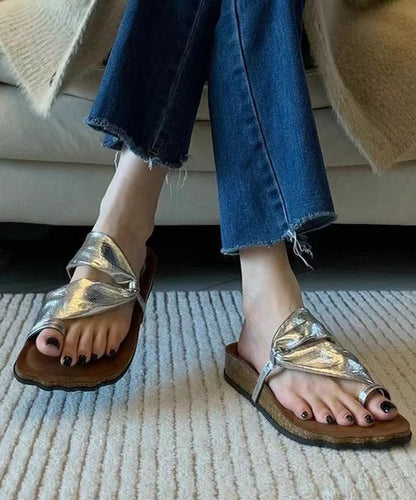Unique Splicing Platform Flip Flops Silver Faux Leather