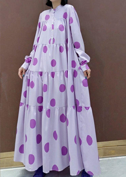 Unique Stand Collar Cinched Spring Outfit Photography Purple Dotted Loose Dresses