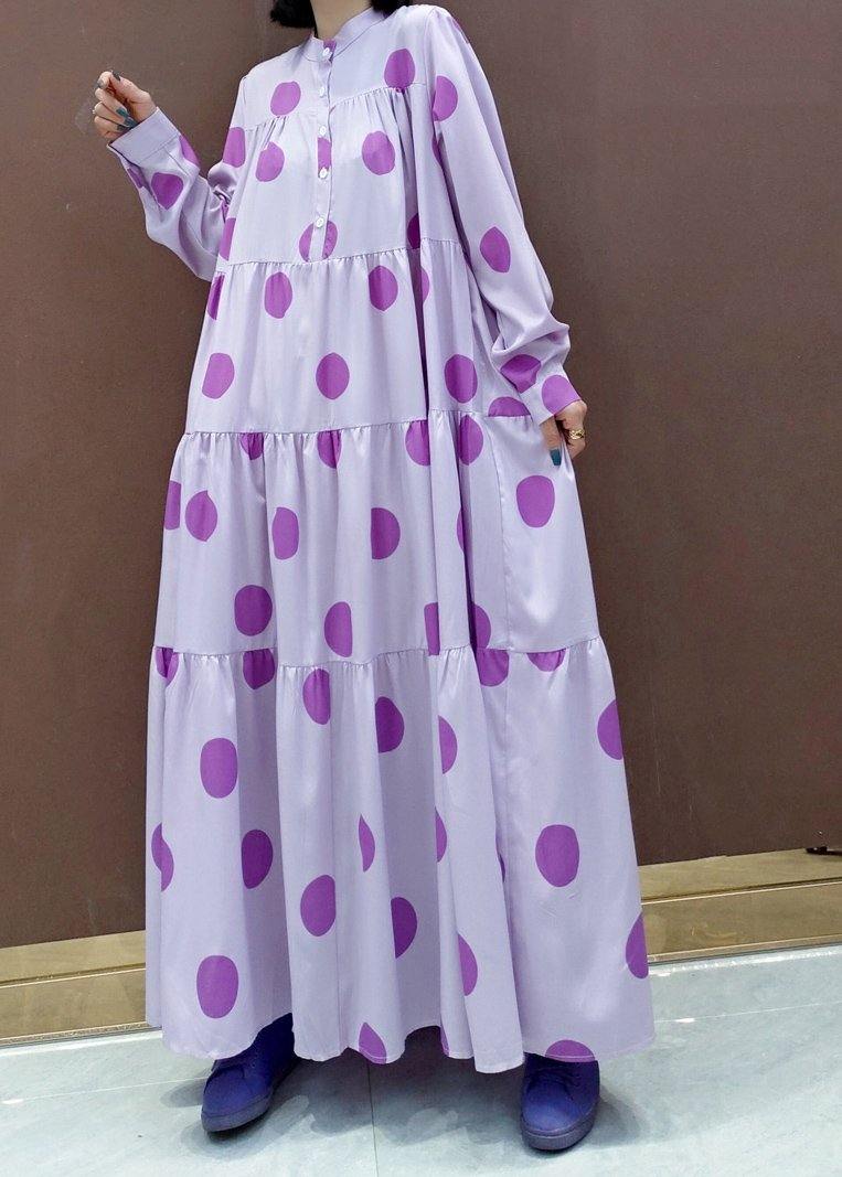 Unique Stand Collar Cinched Spring Outfit Photography Purple Dotted Loose Dresses