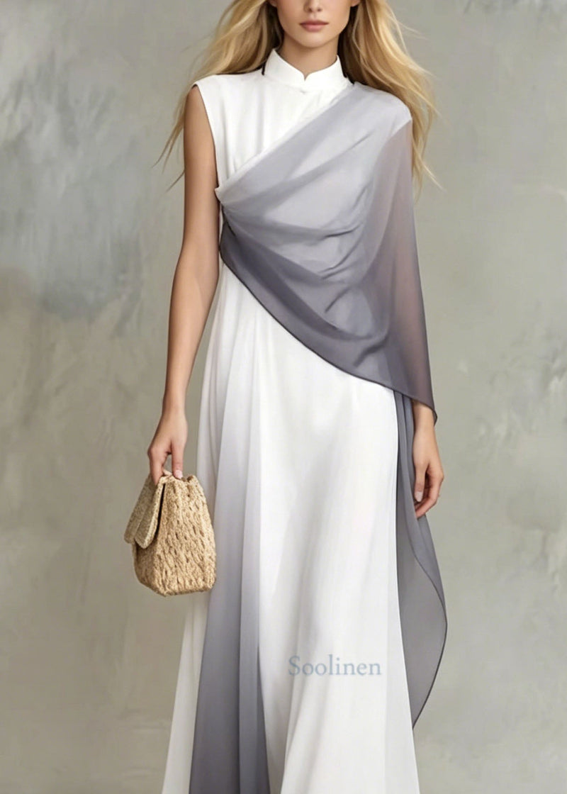 Unique Stand Collar Patchwork Chiffon Long Dress Summer