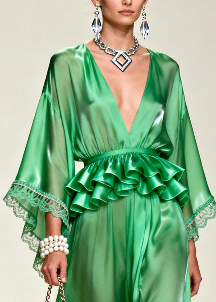 Unique Tea Green Ruffled Side Open Chiffon Party Dress Summer