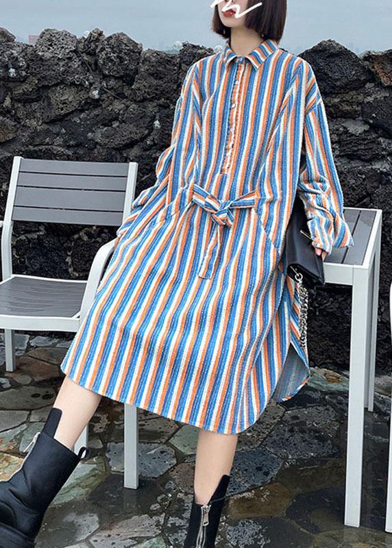 Unique Tie Waist Button Side Open Fall Striped Dress Long Sleeve