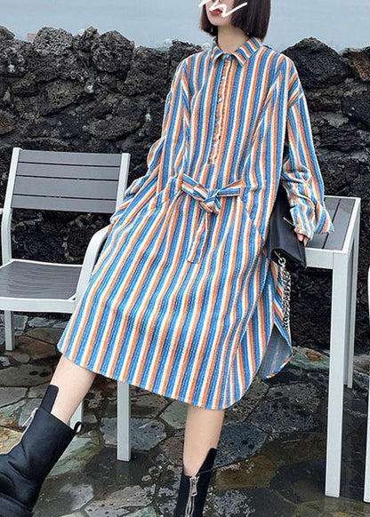 Unique Tie Waist Button Side Open Fall Striped Dress Long Sleeve