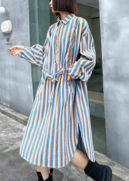 Unique Tie Waist Button Side Open Fall Striped Dress Long Sleeve