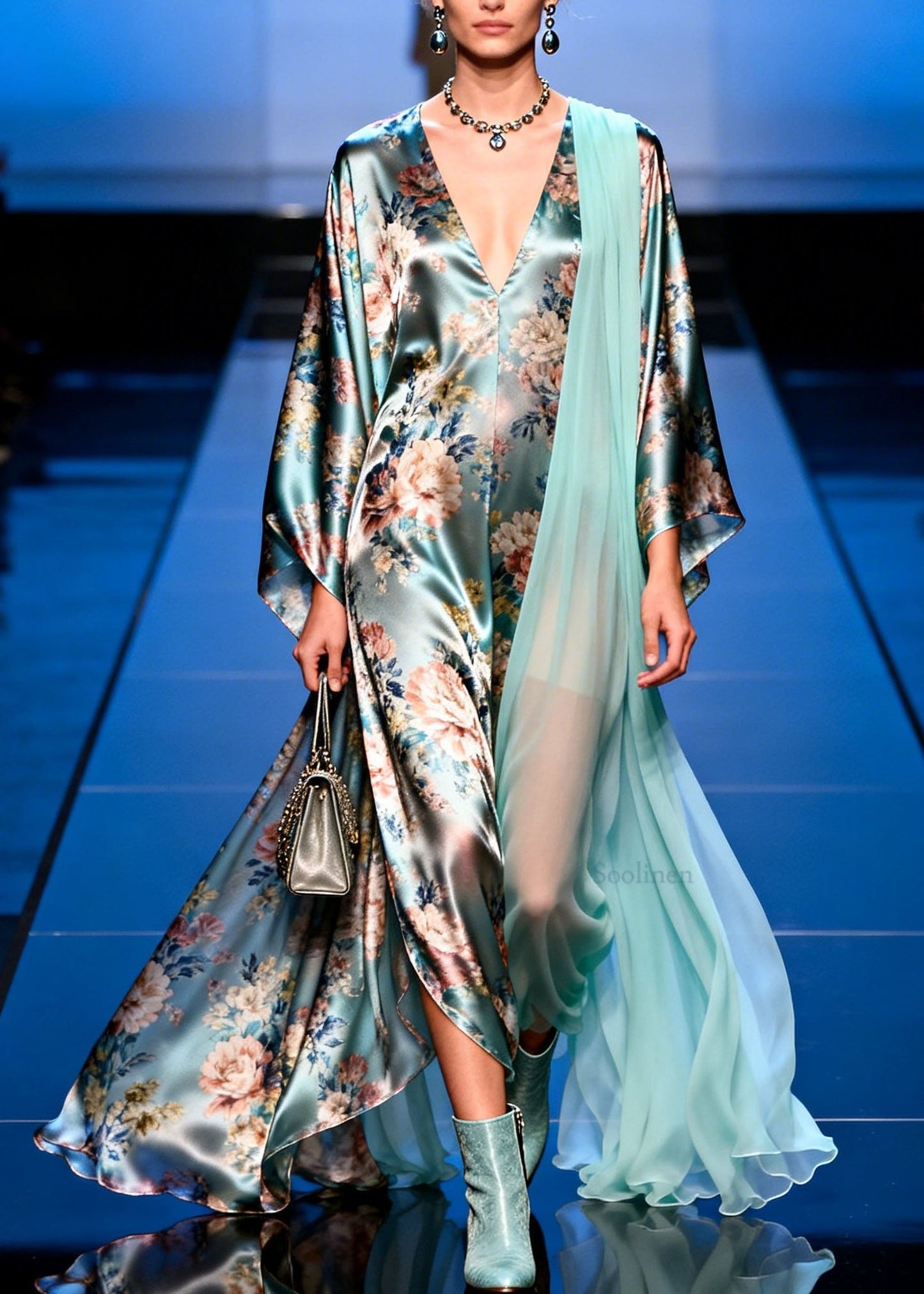 Unique V Neck Asymmetrical Design Patchwork Print Silk Dress Spring
