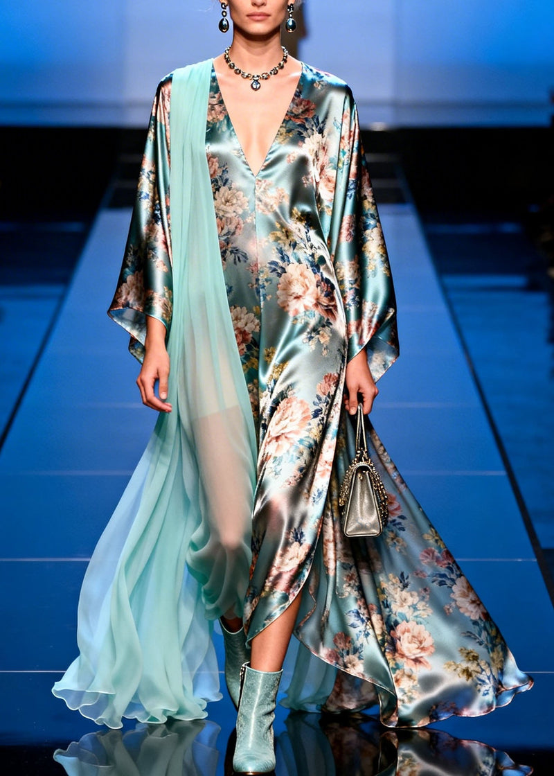 Unique V Neck Asymmetrical Design Patchwork Print Silk Dress Spring