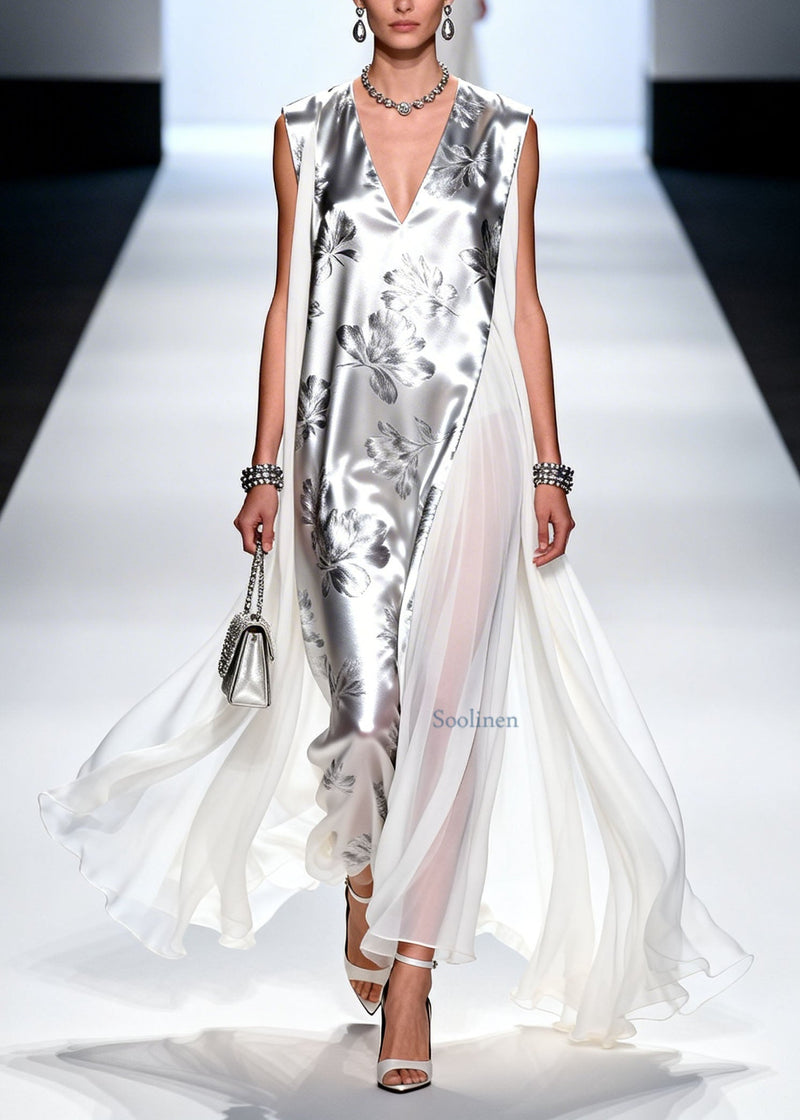 Unique V Neck Asymmetrical Patchwork Chiffon Dresses Summer