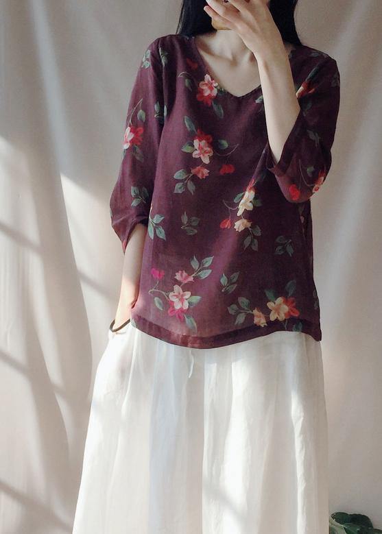 Unique V Neck Half Sleeve Clothes For Women Chocolate Print Shirts