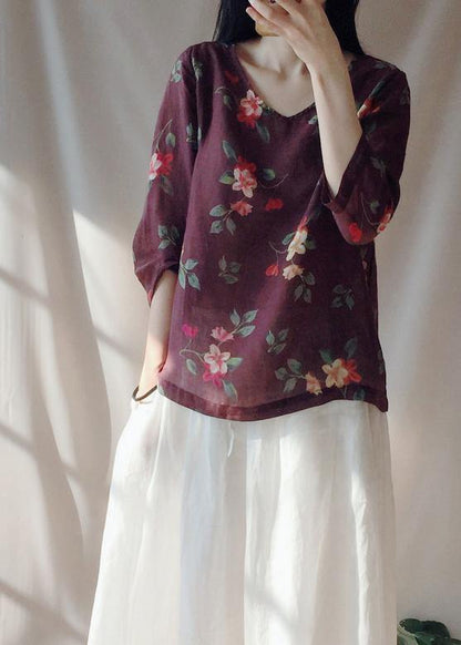 Unique V Neck Half Sleeve Clothes For Women Chocolate Print Shirts