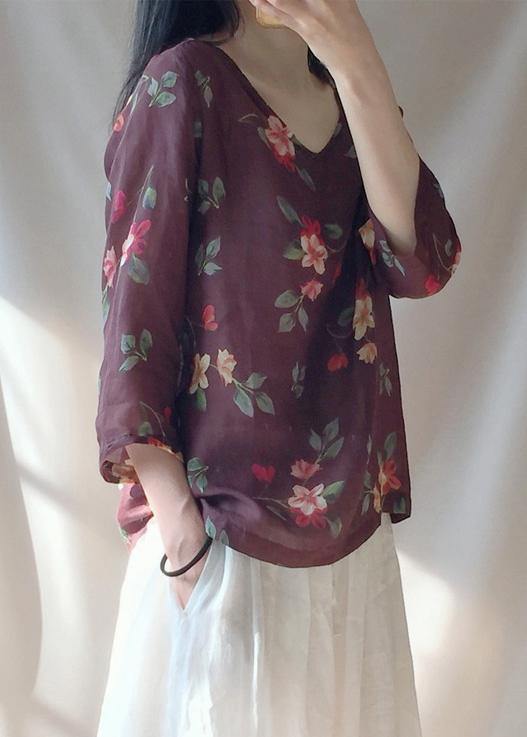 Unique V Neck Half Sleeve Clothes For Women Chocolate Print Shirts