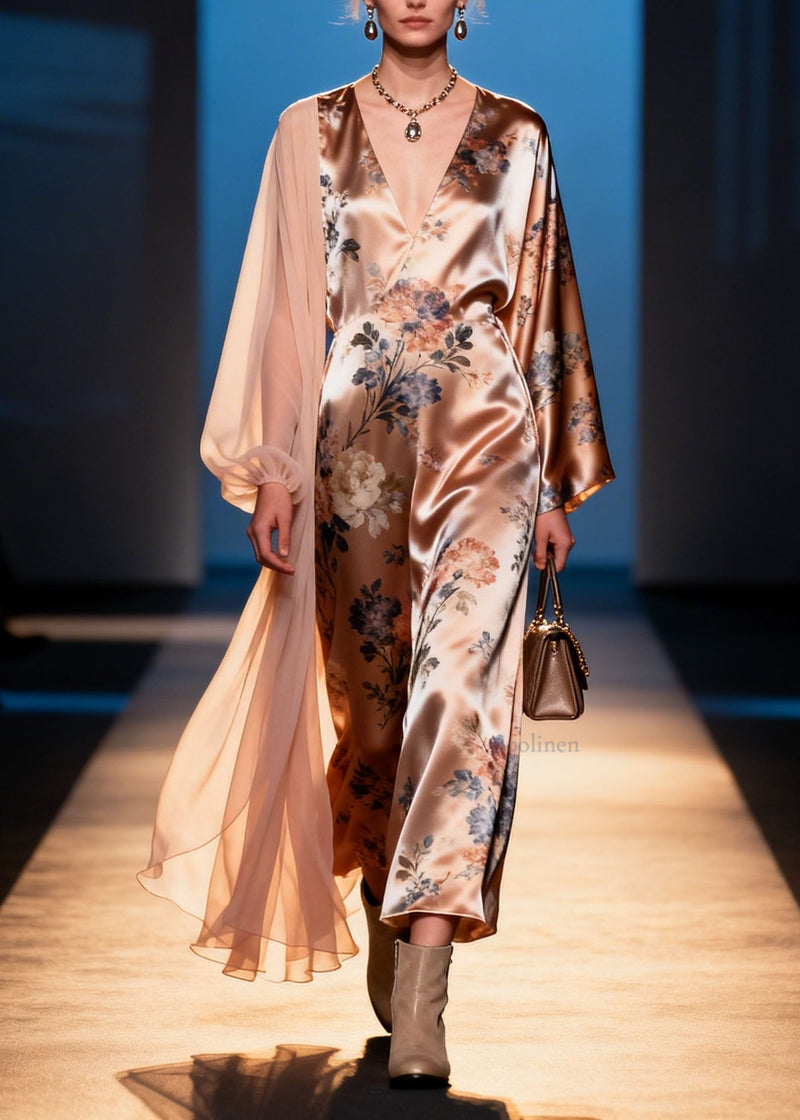 Unique V Neck Print Patchwork Silk Maxi Dresses Spring