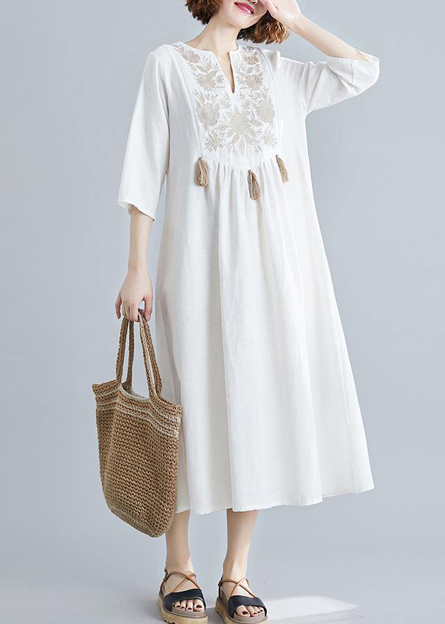 Unique V Neck Tassel Spring White Loose Linen Dress