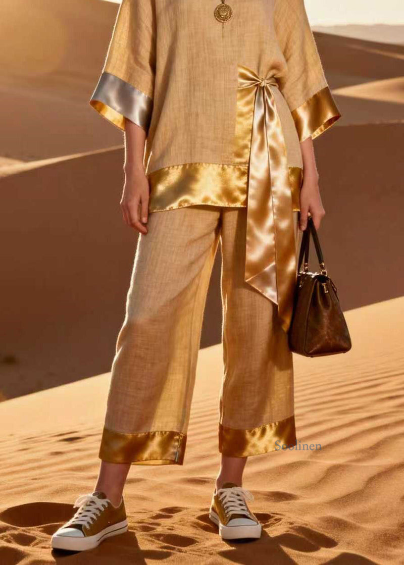 Unique V Neck Top and Pants Patchwork Linen Silk Two Pieces Set Spring