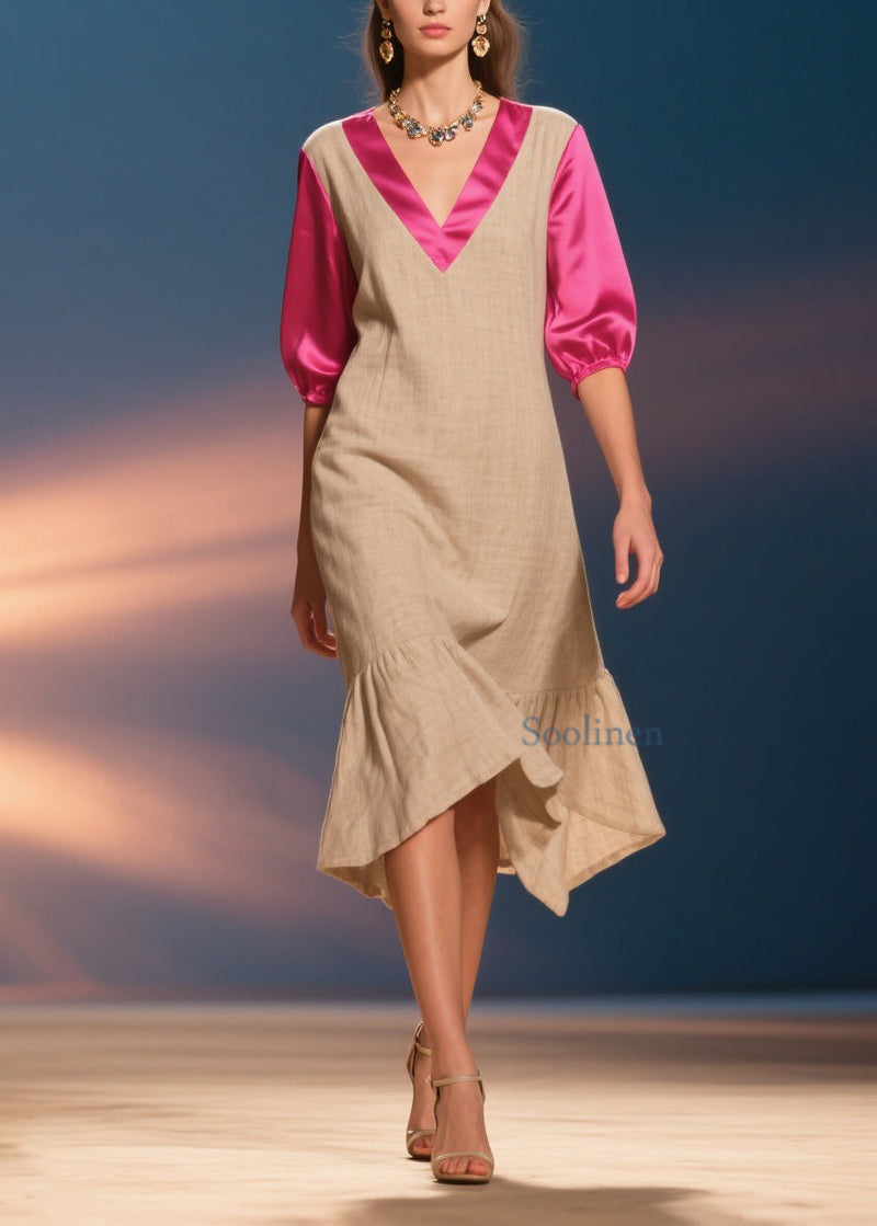 Unique V Neck Wrinkled Silk Patchwork Cotton Dress Summer