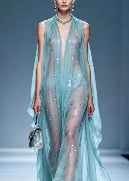 Unique V Neck Zircon Chiffon Long Dresses Summer