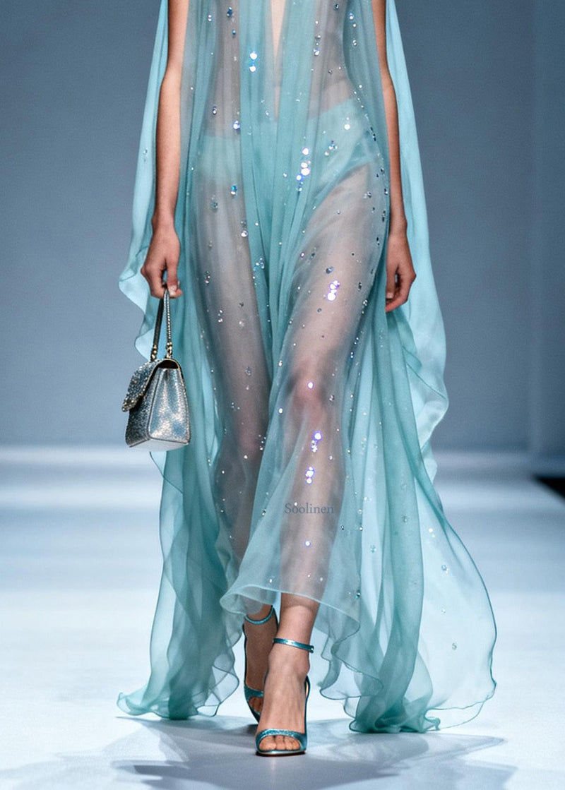 Unique V Neck Zircon Chiffon Long Dresses Summer