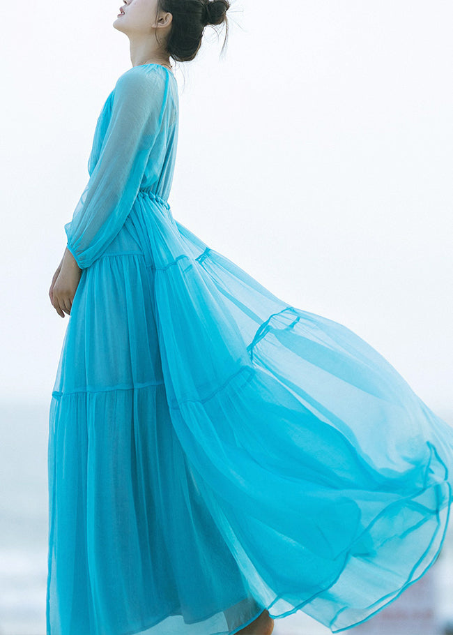 Unique Water Blue Patchwork Wrinkled Chiffon Maxi Dresses Long Sleeve