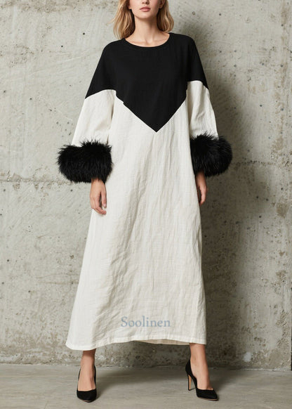 Unique White Black Patchwork Faux Fur Cotton a Line Dress Fall
