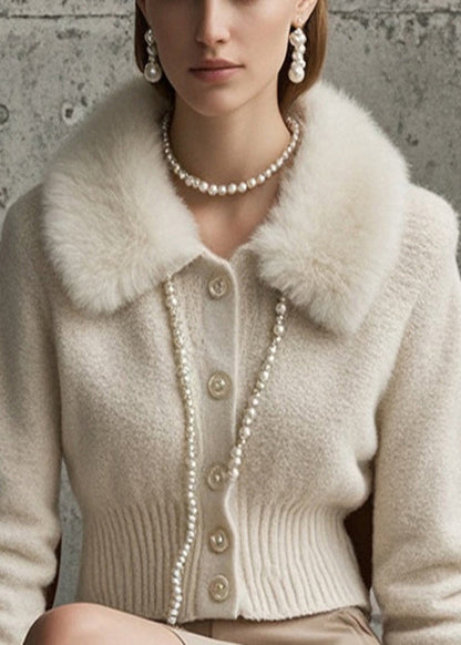 Unique White Faux Rabbit Hair Collar Thick Woolen Coat Outwear Spring
