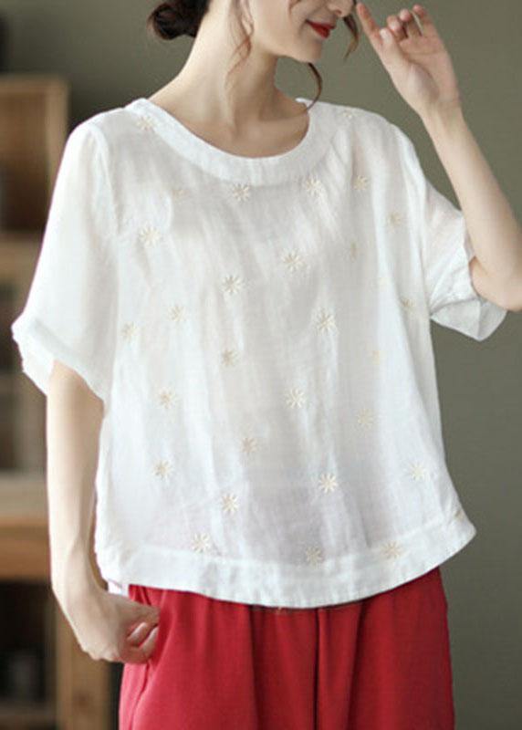 Unique White O-neck Embroideried Summer Ramie Shirt Half Sleeve