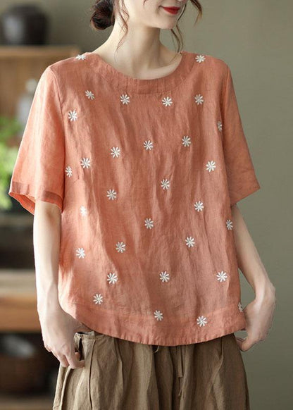 Unique White O-neck Embroideried Summer Ramie Shirt Half Sleeve