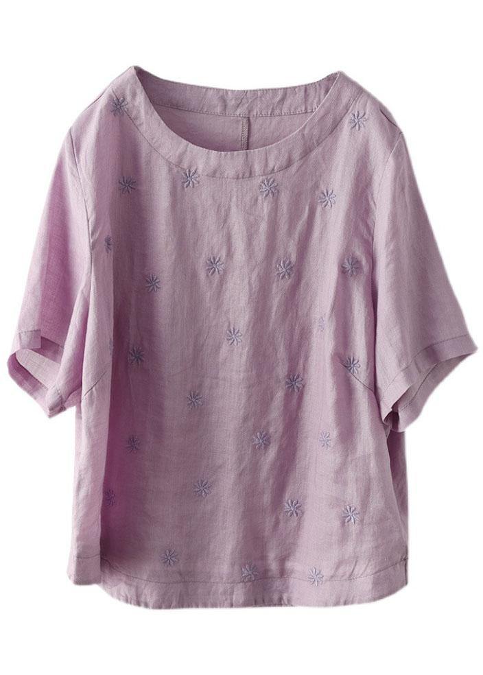 Unique Green Cashew Nuts O-neck Embroidered Summer Ramie Shirt Half Sleeve