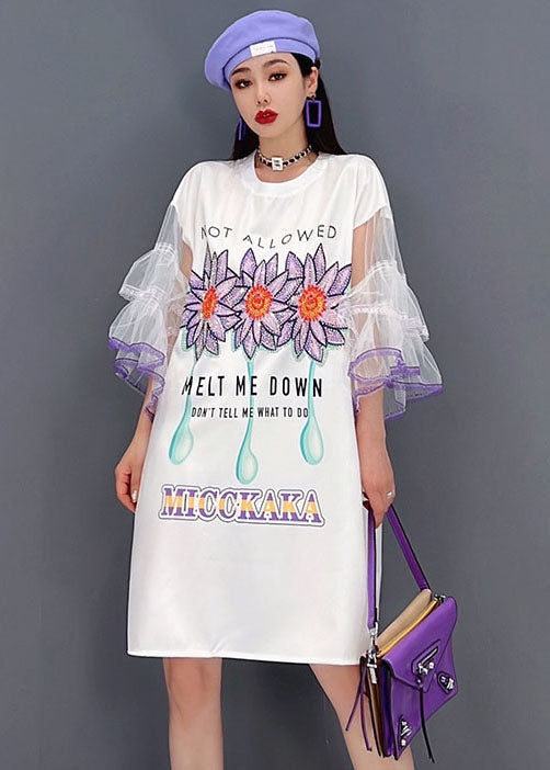 Unique White O-neck Tulle Original Print Patchwork Mid Dress Flare Sleeve