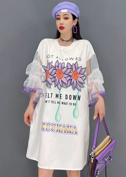 Unique White O-neck Tulle Original Print Patchwork Mid Dress Flare Sleeve