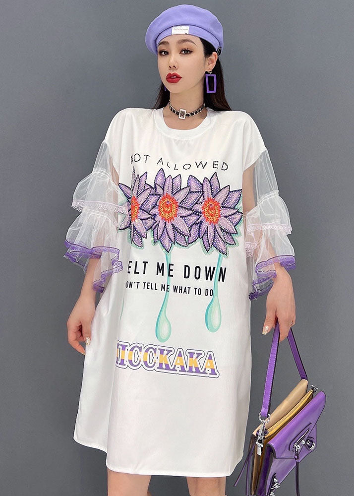 Unique White O-neck Tulle Original Print Patchwork Mid Dress Flare Sleeve