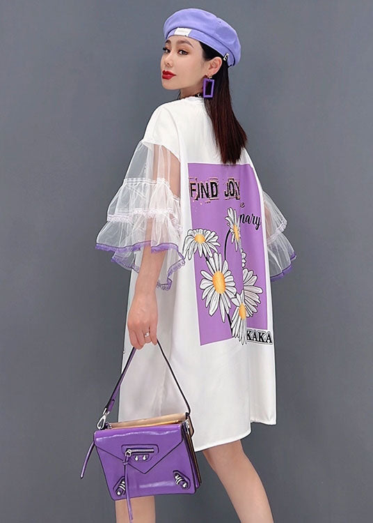 Unique White O-neck Tulle Original Print Patchwork Mid Dress Flare Sleeve