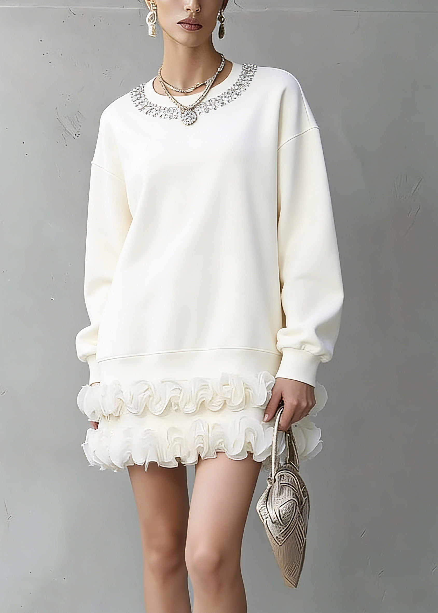 Unique White O-Neck Zircon T Shirts Lantern Sleeve