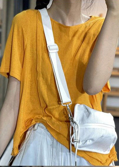 Unique White O-neck Asymmetrical Design Cotton Top Short Sleeve