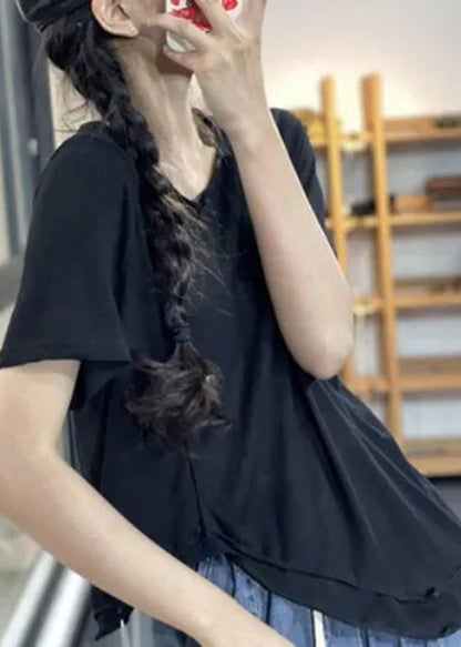 Unique White O-neck Asymmetrical Design Cotton Top Short Sleeve