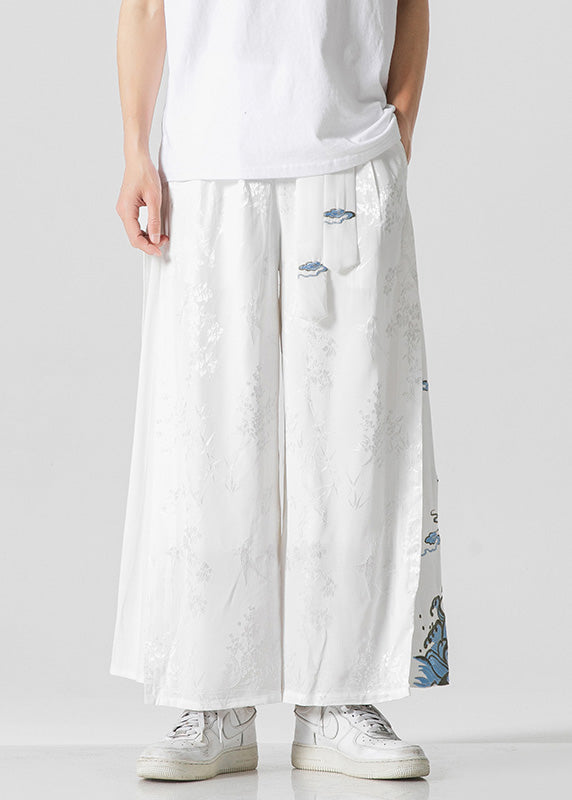 Unique White Oriental Embroideried Pockets Silk Pants Summer