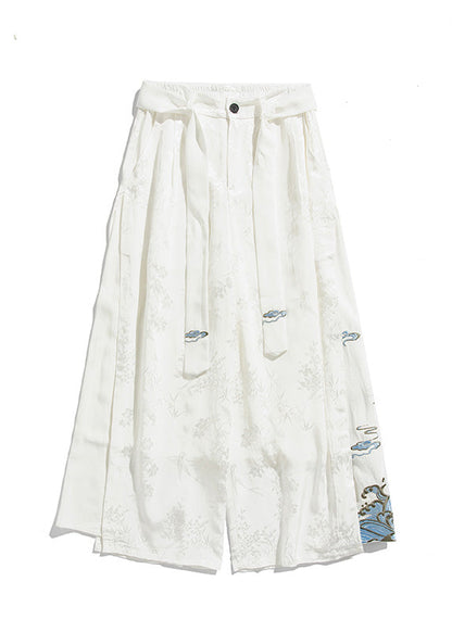Unique White Oriental Embroideried Pockets Silk Pants Summer