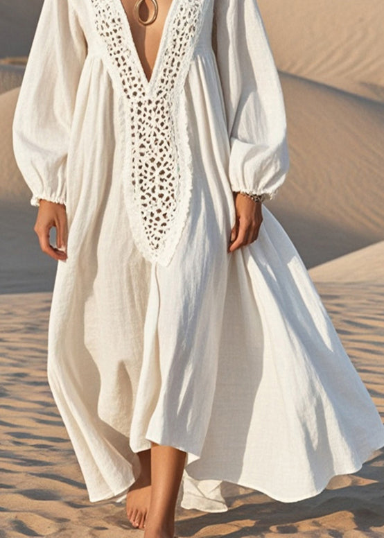 Unique White Oversized Hollow Out Cotton Maxi Dress Spring