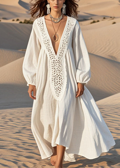 Unique White Oversized Hollow Out Cotton Maxi Dress Spring