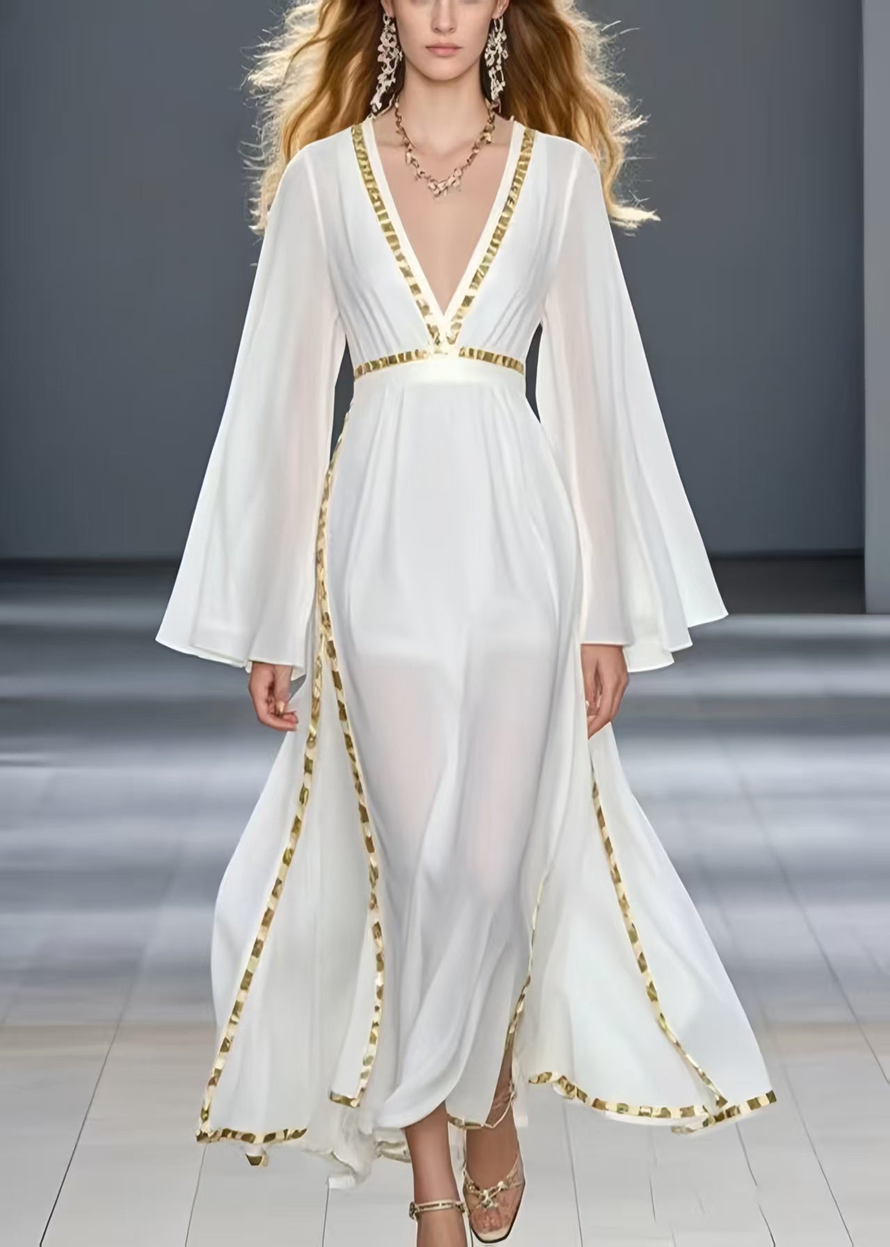 Unique White Patchwork Draping Chiffon Maxi Dresses Spring