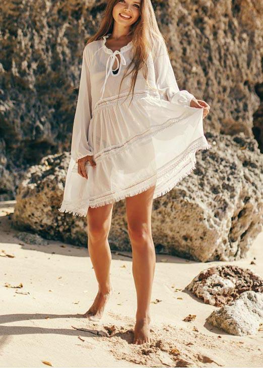 Unique White Patchwork Hollow Out Beach Gown Robe Chiffon Dress