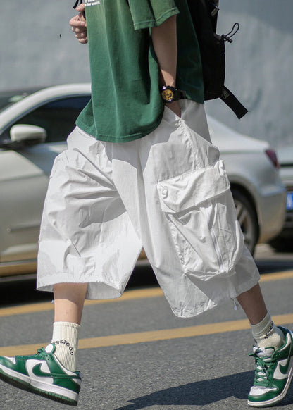 Unique White Pockets Patchwork Elastic Waist Wide Leg Pants