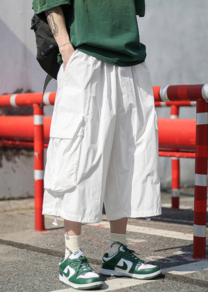 Unique White Pockets Patchwork Elastic Waist Wide Leg Pants