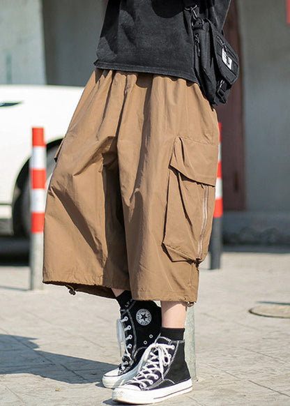 Unique White Pockets Patchwork Elastic Waist Wide Leg Pants