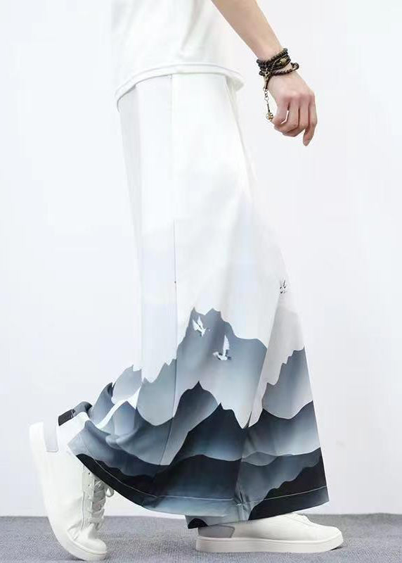 Unique White Pockets Print Ice Silk Wide Leg Pants Summer