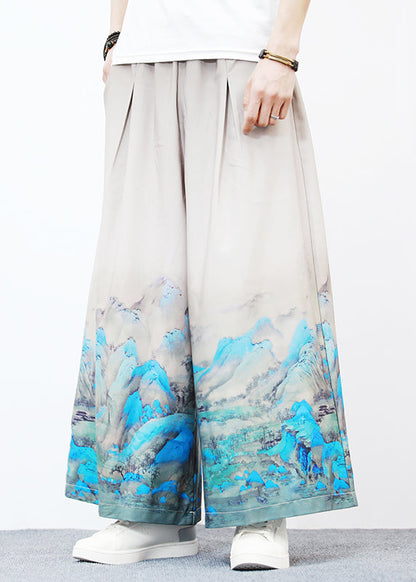 Unique White Pockets Print Ice Silk Wide Leg Pants Summer