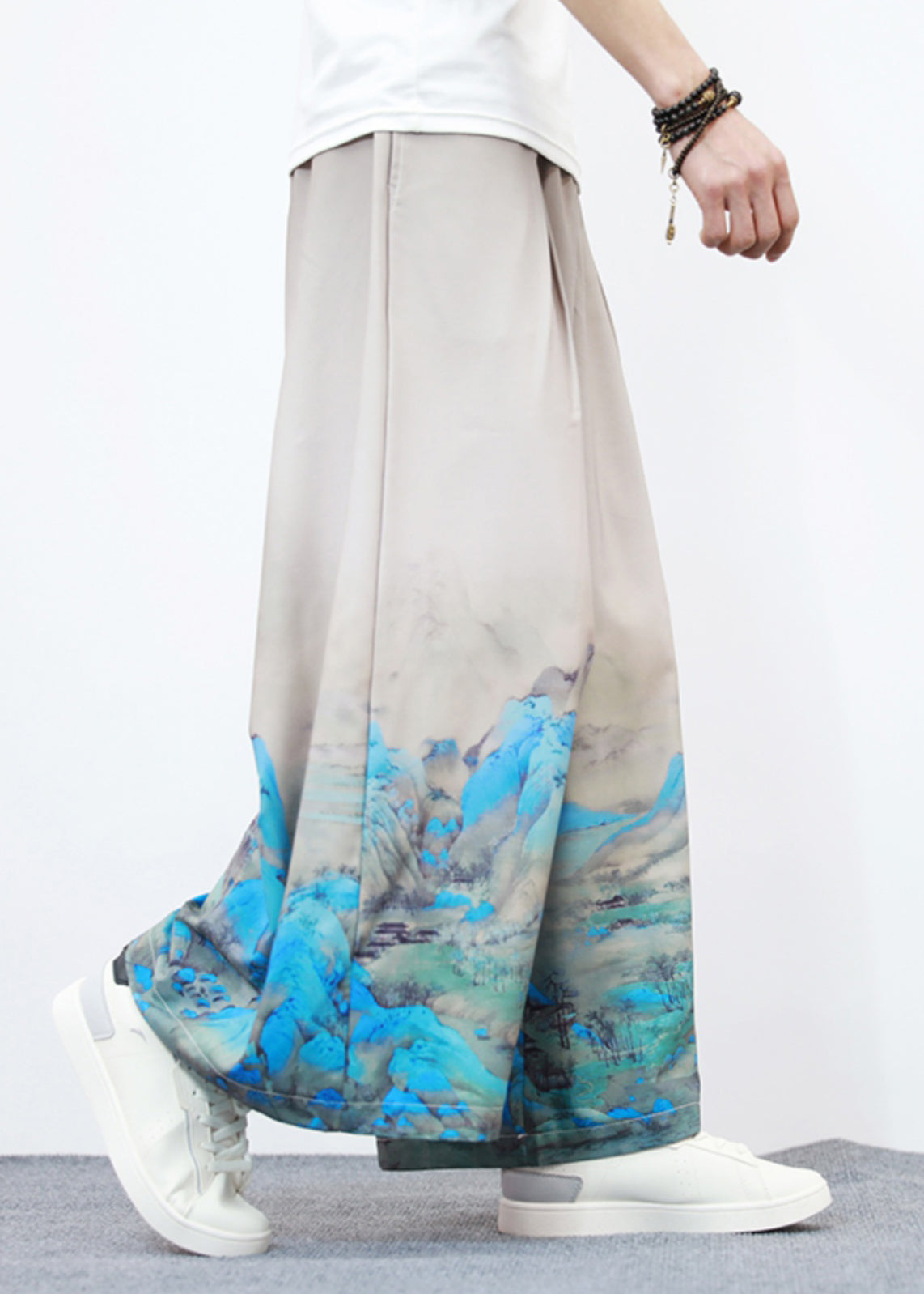 Unique White Pockets Print Ice Silk Wide Leg Pants Summer